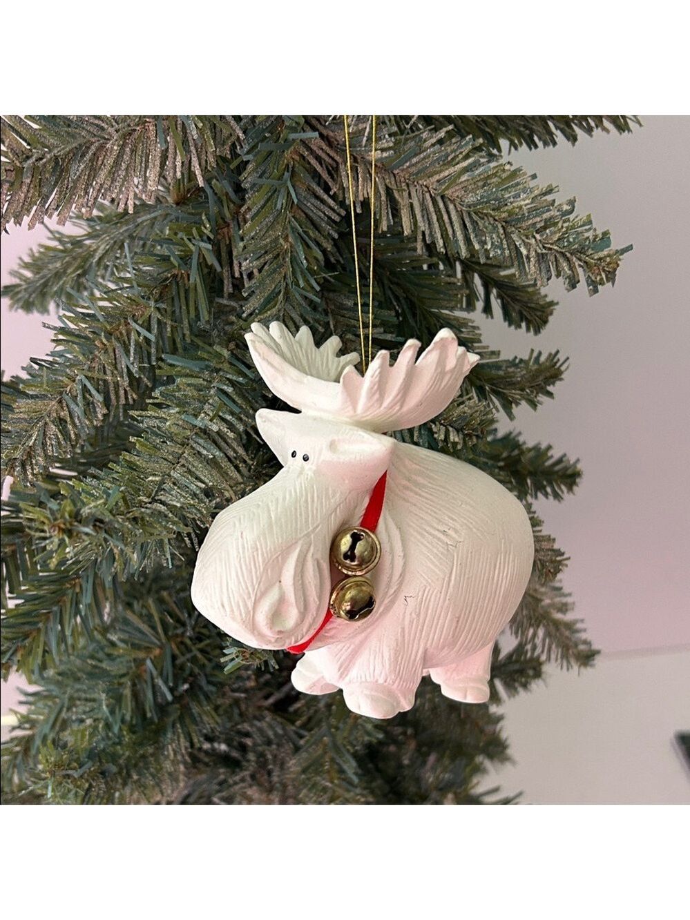 White Bisque Moose Christmas Ornament Vintage with Jingle Bells 4”